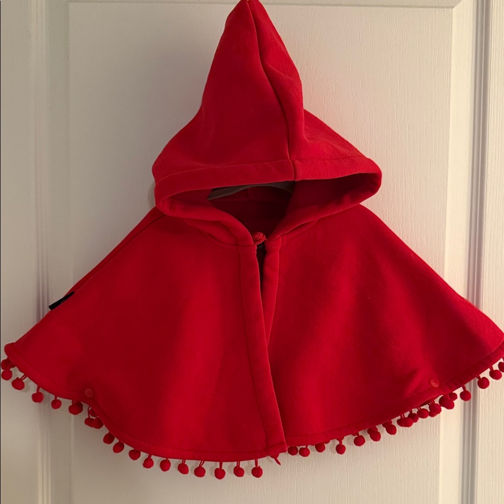 Kids Red Hooded Cape with Pom-Pom Trim